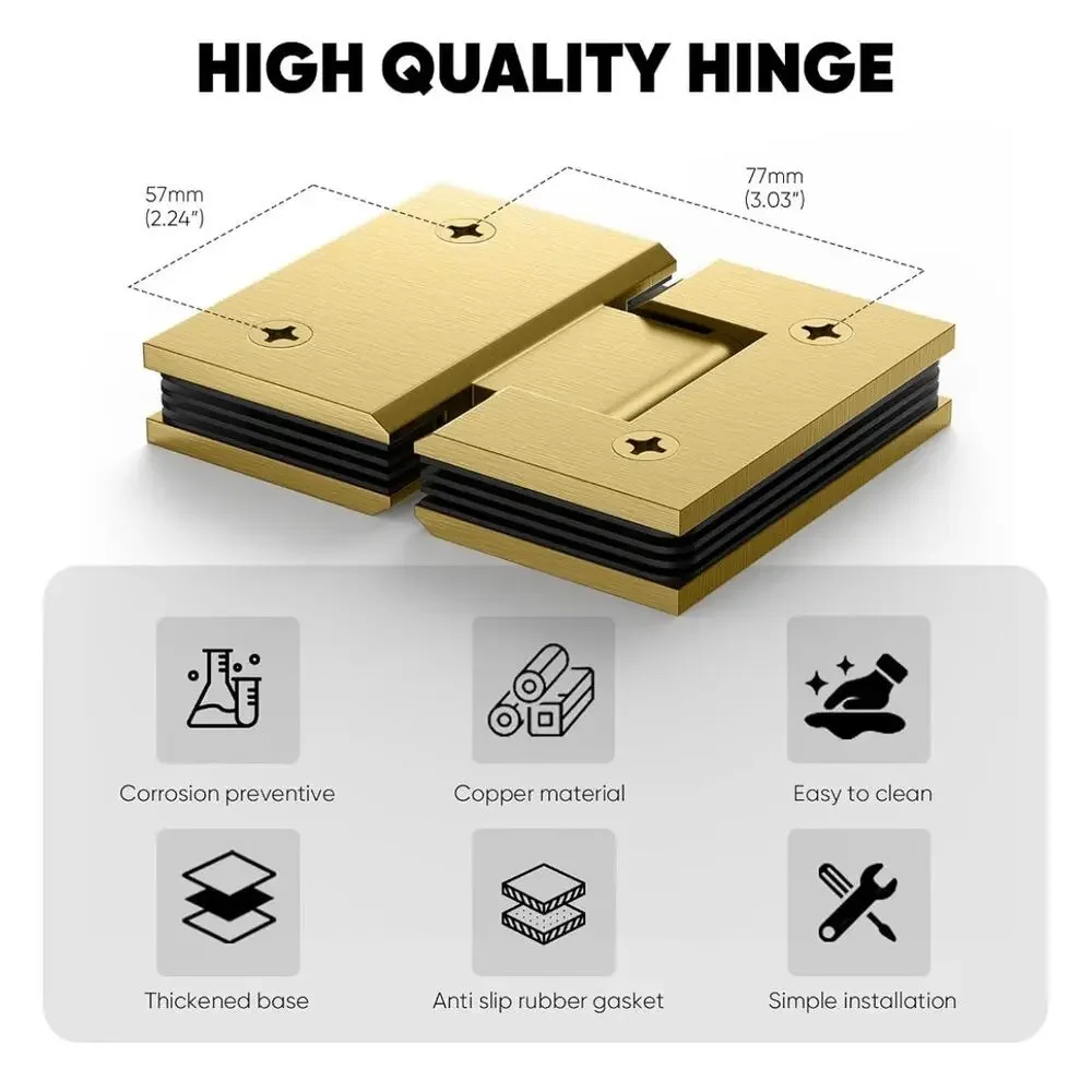 AatrixQuayn 180° Shower Door Hinges 2 Pack Solid Brass Brushed Gold 8-12mm